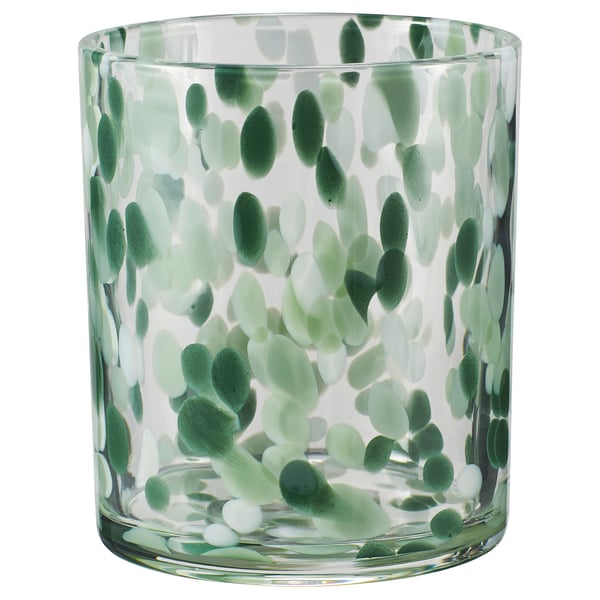 VINDSTILLA candle holder, green glass, cylindrical, speckled design.