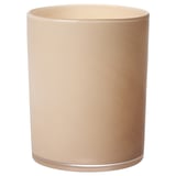 Six-inch tall, cylindrical, light beige glass candle holder.
