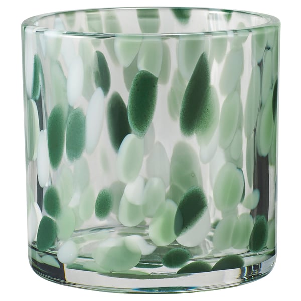 VINDSTILLA: handcrafted glass candle holder with green, frosted bubble design. Round shape, transparent with decorative pattern.