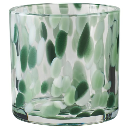 VINDSTILLA: handcrafted glass candle holder with green, frosted bubble design. Round shape, transparent with decorative pattern.