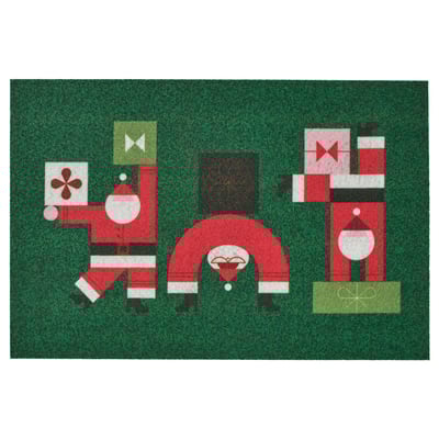 Santa-themed green doormat with red suit, white beard, and gift boxes. Bright, festive design.