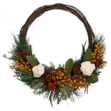 VINTERFINT wreath: round, brown jute, greenery, white roses, berries, pinecones.