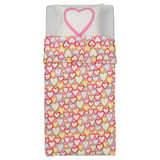 Heart-shaped bedding set with colorful hearts on soft pink cotton.