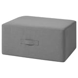 This is a grey, rectangular storage ottoman with a simple design, featuring a fabric surface and a carrying handle for easy transport.