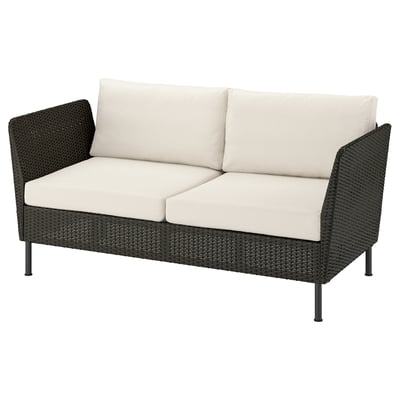 VITTSKÄR 2-seat modular sofa, armrests outdoor/plastic rattan dark grey Frösön/Duvholmen beige