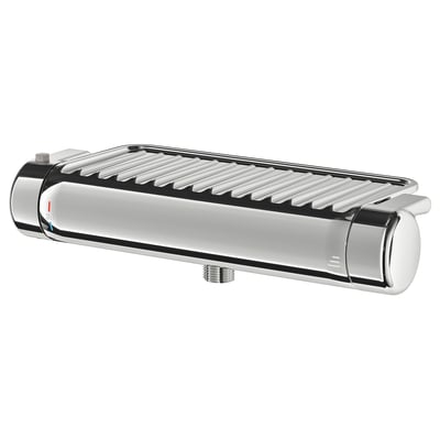 VOXNAN thermostatic shower mixer in chrome, rectangular with ribbed top, safety stop at 38°c, cold-touch design.