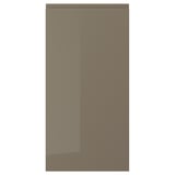 A sleek VOXTORP cabinet door in dark grey-brown with a high gloss finish. It has an integrated handle for a modern look.