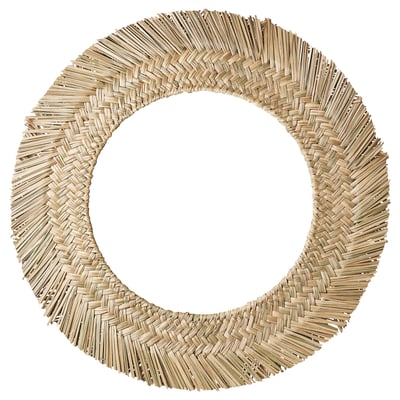 VRIGSTAD mirror: hand-woven sedge, natural color, circular shape, intricate herringbone design.