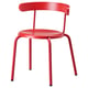 A bright red YNGVAR chair with a curved back and round seat, made of beech veneer and steel frame.
