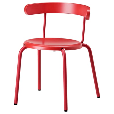 A bright red YNGVAR chair with a curved back and round seat, made of beech veneer and steel frame.