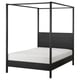 YTTERVÅG black wooden bed, modern four-poster design, high headboard, solid pine, square shape.
