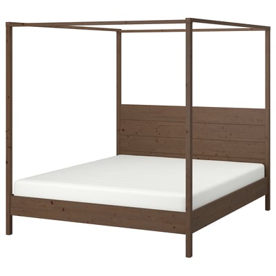 YTTERVÅG bed, dark brown, wooden frame, four-poster design, adjustable, solid pine, acrylic paint, simple, royal style.