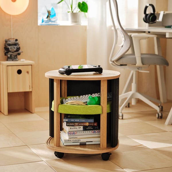 YXSTABY Gaming side table on castors, oak veneer/grey