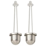 To ÄNGSBLÅVINGE te-infuser, sølv, rustfrit stål, runde med lange håndtag og blomsterformede toppe.