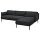 Moderne sort l-formet sofa, mørkegråt stof, metalben, minimalistisk design.