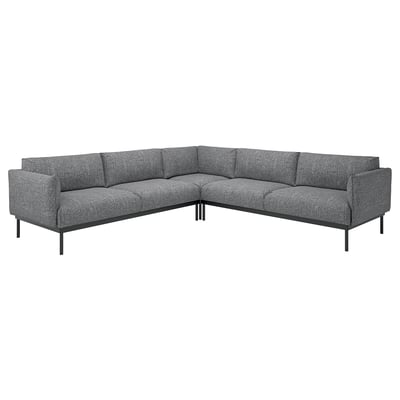 Grå ÄPPLARYD sektionssofa, moderne design med slanke metalben, plyspuder.