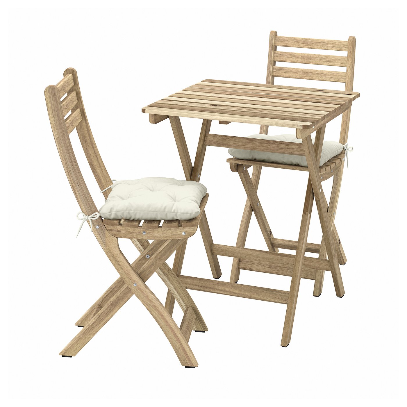 Møbelmontering ASKHOLMEN Bord+2 klapstole, ude, akacie/Kuddarna lys gråbeige, 60×62 cm