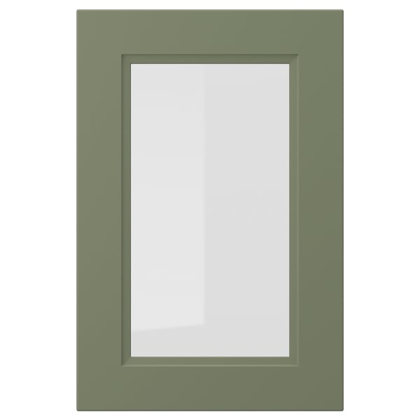 AXSTAD grøn rektangulær glasdør, mat finish, bløde linjer, indsat glaspanel, moderne traditionelt design.