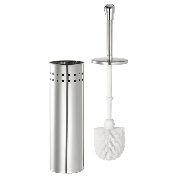 BAREN: toiletbørsteholder i krom i rustfrit stål med hvid børste. Slankt cylindrisk design.