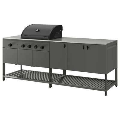 BÅTSKÄR udekøkkensæt. Sort stål, slankt design. Inkluderer gasgrill og skabe. Moderne, funktionel.