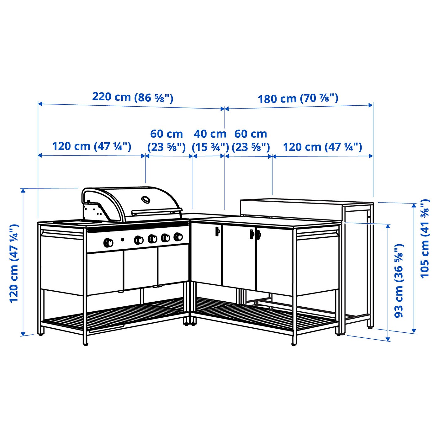 Møbelmontering BÅTSKÄR Udendørs køkken m gasgrill+barbord, mørkegrå, 220x180 cm | Billig & Hurtig i København