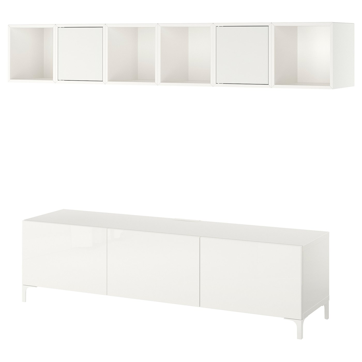 Møbelmontering BESTÅ / EKET Tv-bord, hvid/Selsviken/Nannarp højglans/hvidt frostet glas, 180x42x48 cm