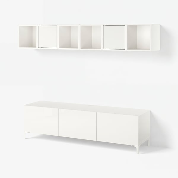 BESTÅ / EKET Tv-bord, hvid/Selsviken/Nannarp højglans/hvidt frostet glas, 180x42x48 cm