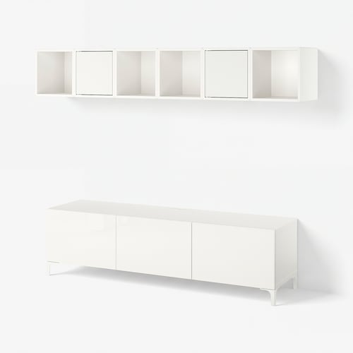 BESTÅ / EKET Tv-bord, hvid/Selsviken/Nannarp højglans/hvidt frostet glas, 180x42x48 cm
