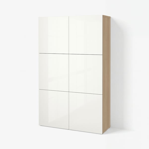 BESTÅ Opbevaring med låger, egetræsmønster med hvid bejdse/Selsviken højglans/hvid, 120x42x193 cm