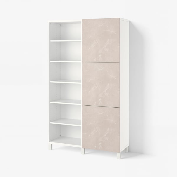 BESTÅ Opbevaring med låger, hvid Bergsviken/beige marmormønstret, 120x42x202 cm