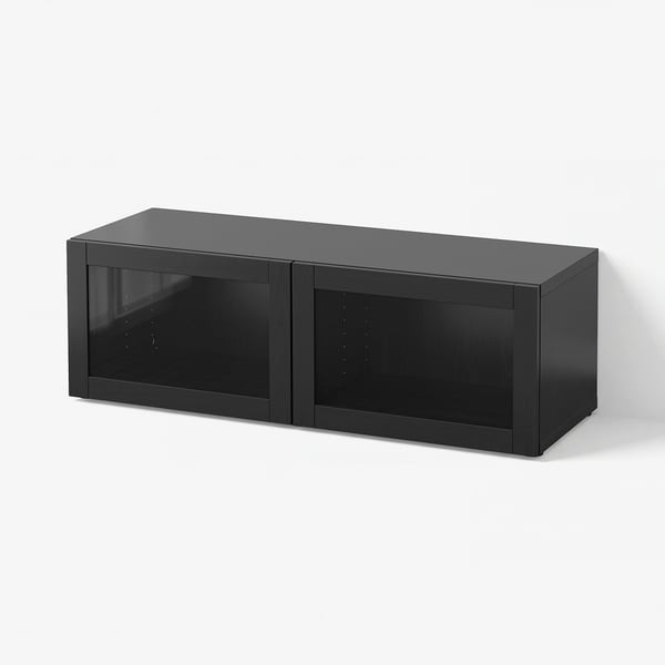 BESTÅ Reol med vitrinelåger, sortbrun/Sindvik sortbrunt klart glas, 120x42x38 cm