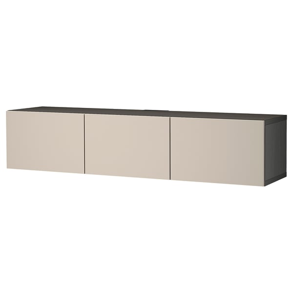 Moderne BESTÅ tv-bænk, beige, rektangulær, væghængt, med tre lukkede skabe.