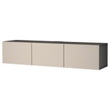Moderne BESTÅ tv-bænk, beige, rektangulær, væghængt, med tre lukkede skabe.