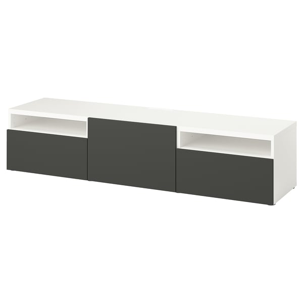 Hvid og grå tv-stander, moderne med skuffer og åbne hylder.