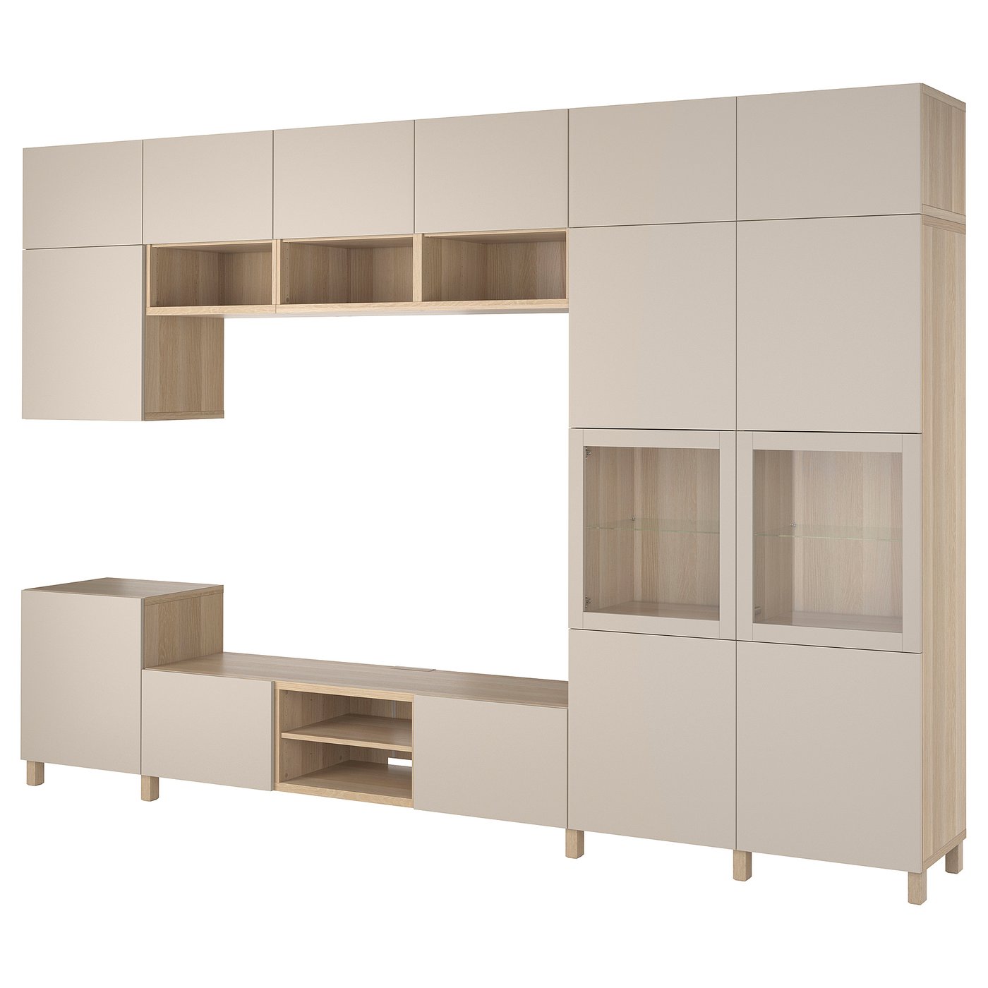 Møbelmontering BESTÅ Tv-møbel m opbevaring/vitrinelåger, egetræsfiner med hvid bejdse Lappviken/Sindvik klart glas, 360x42x240 cm