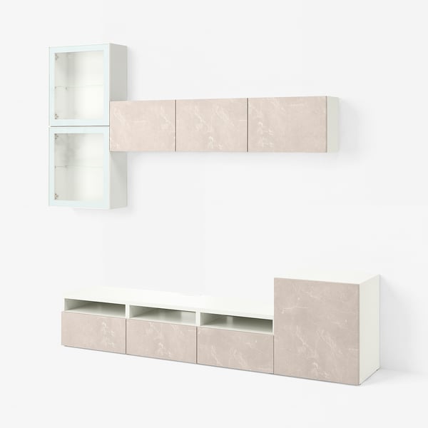 BESTÅ Tv-møbel m opbevaring/vitrinelåger, hvid Glassvik/Bergsviken beige, 300x42x211 cm