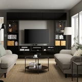 Moderne stue med BESTÅ tv-enhed, sofaer, sofabord, indretning.