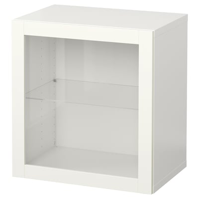 Et hvidt BESTÅ opbevaringsmøbel med en glashylde og justerbare huller.