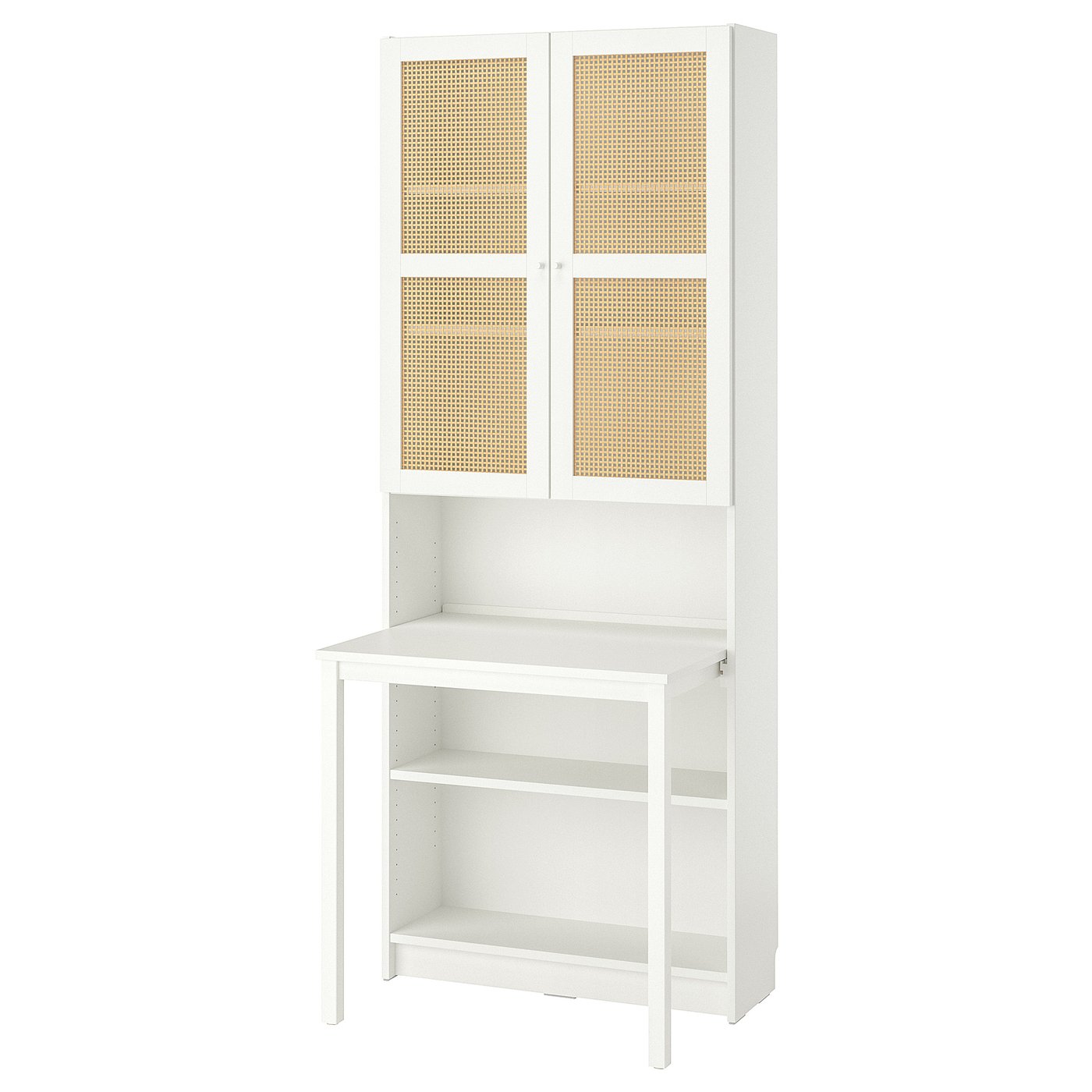 Møbelmontering BILLY / HÖGADAL Reol med skrivebord, hvid/flettet bambus, 80×202 cm