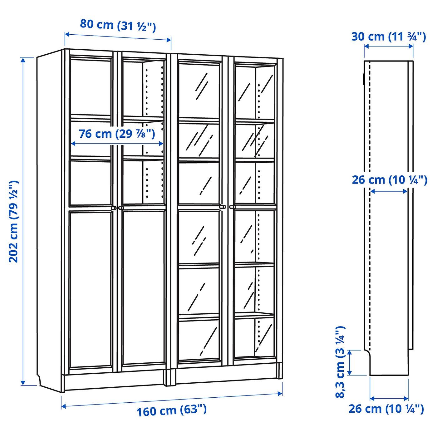 krone Store opkald BILLY / OXBERG Reol med låger/vitlåger, hvid, glas, 160x30x202 cm - IKEA