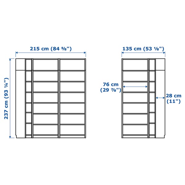 BILLY hvid, 215/135x28x237 cm - IKEA