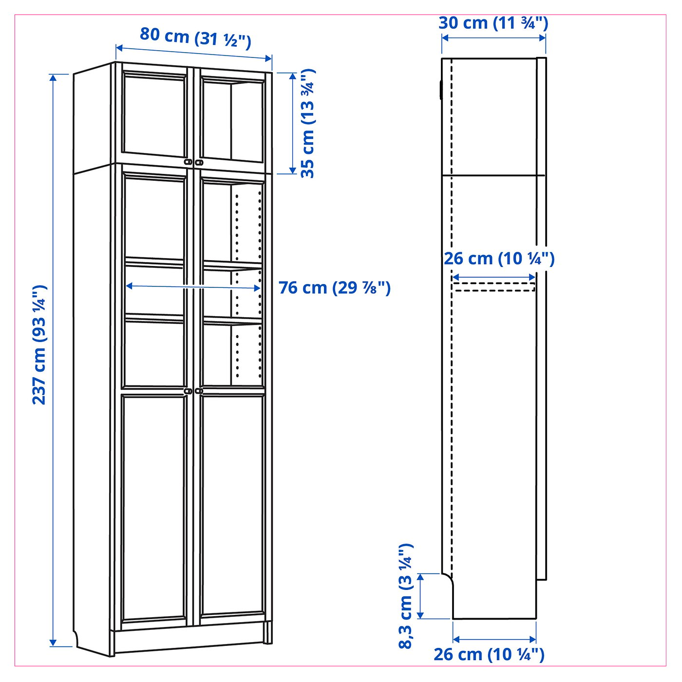 ingen forbindelse champion Serrated BILLY Reol overreol/låge/vitrinelåger, hvid, 80x30x237 cm - IKEA