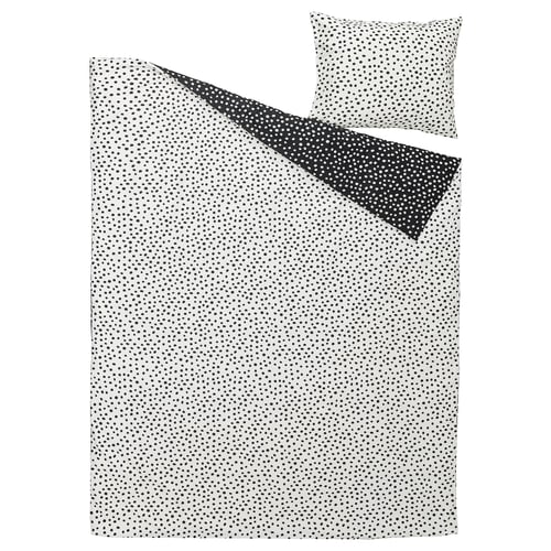 BJÖRKGRÅMAL dynesæt, sorte prikker på hvid, blød bomuld-viskoseblanding, rektangel med kuvertlukning, minimalistisk polkaprikket design.