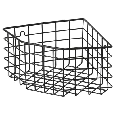 En sort trådkurv, kaldet BLECKSJÖN, lavet af pulverlakeret stål. Den har en firkantet form med et gitterdesign, ideel til opbevaring i brusebad.