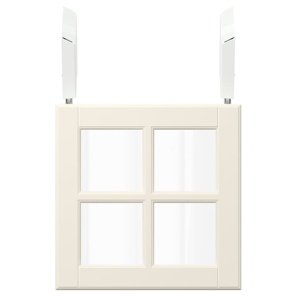 BODBYN hvidt skab med glaslåge, firkantede paneler, fiberplade og hærdet glas.