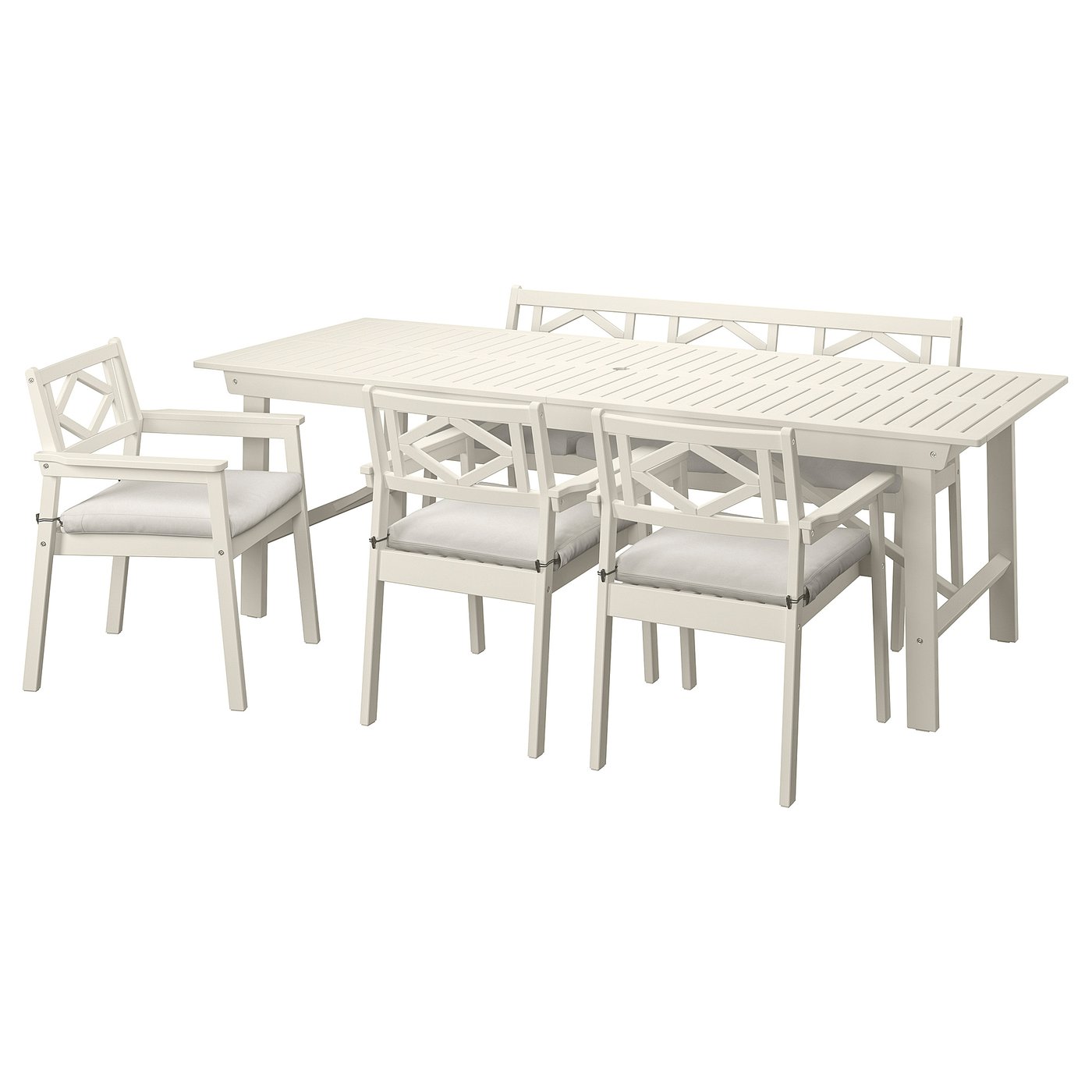 Møbelmontering BONDHOLMEN Bord+3 stole med armlæn+bænk, ude, hvid/beige/Frösön/Duvholmen beige