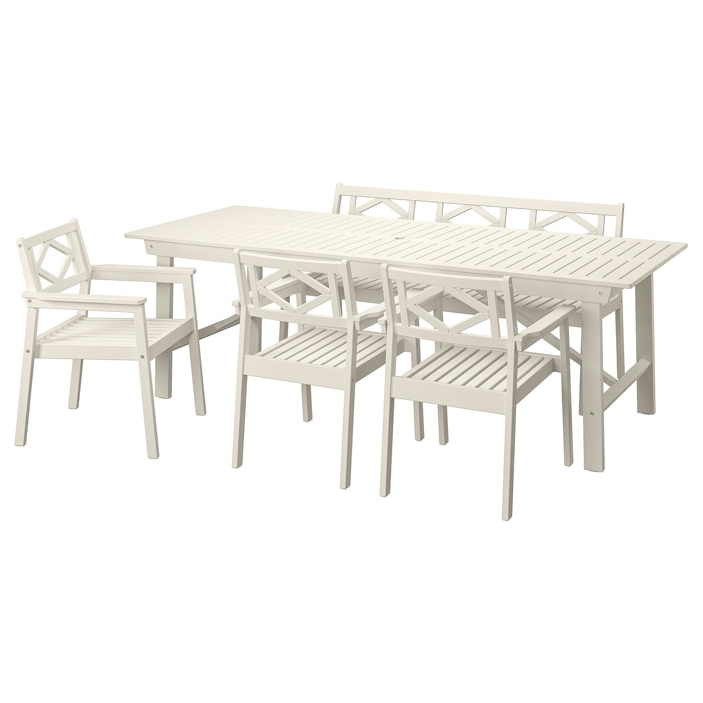 Møbelmontering BONDHOLMEN Bord+3 stole med armlæn+bænk, ude, hvid/beige