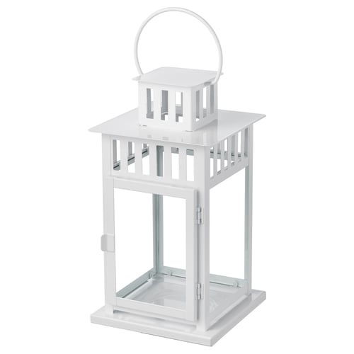 Hvid BORRBY lanterne, firkantet glasfod, pulverlakeret stål, klassisk design.