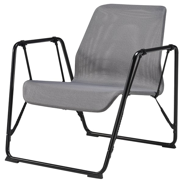 Moderne grå stol, sort metal, justerbar.
