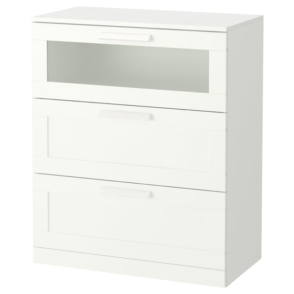 makeup pustes op Banyan BRIMNES Kommode 3 skuffer, hvid, frostet glas, 78x95 cm - IKEA